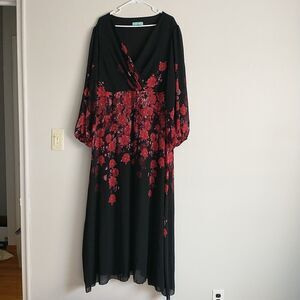 Toleen Maxi Dress 4XL Black Red Floral Tiered Chiffon Long Sleeve Lined V Neck